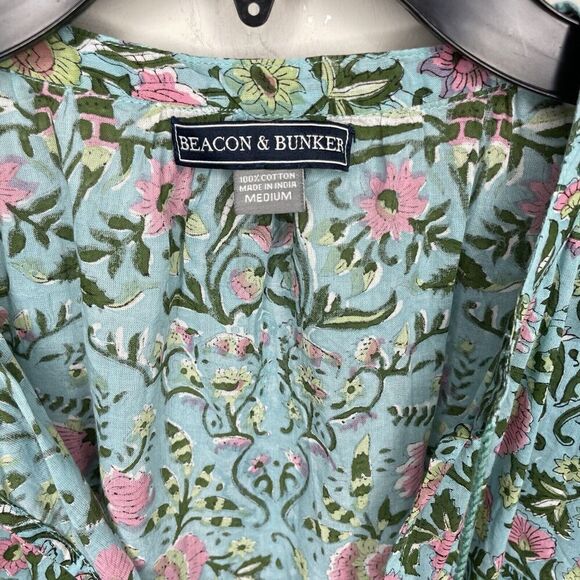 BEACON & BUNKER Shift Dress Women Medium Green Pink Floral Cotton Tassels - Picture 3 of 8